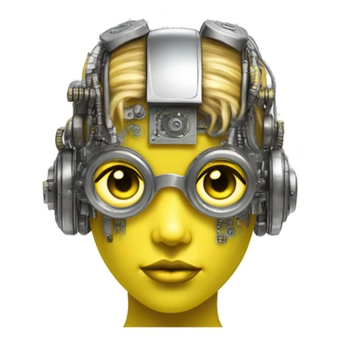 Neon yellow bobbed hair Caucasian female cyborg head with silver steampunk goggles and circuits sticker