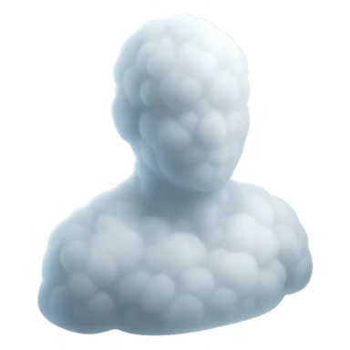 person looking straight ahead, composed entirely of white fluffy convex clouds, shoulders visible, matte glass style sticker