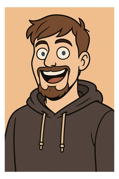 cartoon portrait of MrBeast, smiling, brown hair, blue eyes, casual hoodie, energetic expression, YouTuber vibe sticker