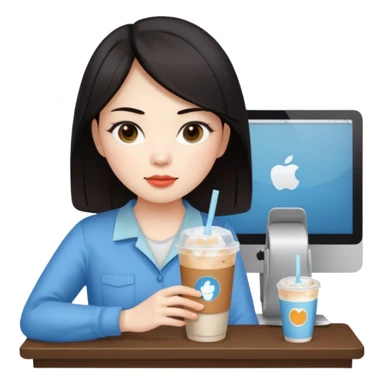 컴퓨터 작업 중 + 아이스 아메리카노(테이크아웃 잔)링거 + 다크서클 + 검은머리 동양인 여성 sticker