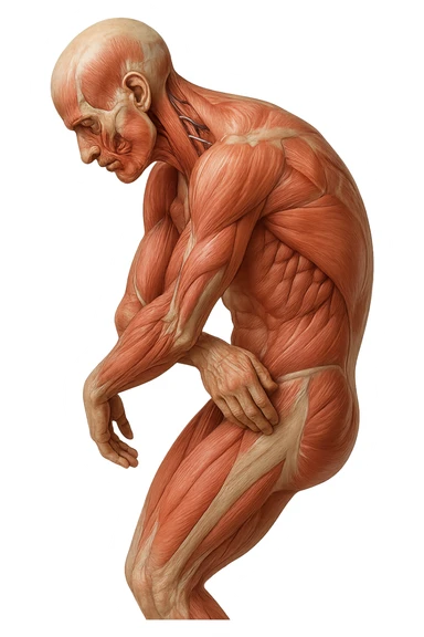 corpo umano anatomico realistico curvo con la schiena e le spalle in avanti, postura delle spalle chiuse, isolato su sfondo bianco sticker