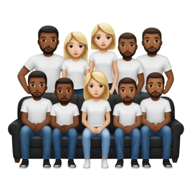 A white girl sitting on a couch with 10 black men in white shirts behind her  sticker