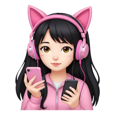 Extra cute Japanese girl with long hair, wearing pink cat ear headphones and holding a mobile phone sticker