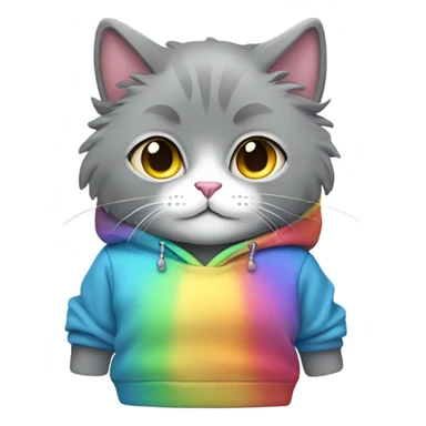 Grey fluffy cat wearing a rainbow hoodie  sticker