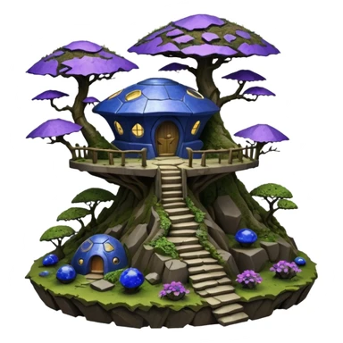 Crashed Alien saucer-castle jungle winding footpath mountainside getaway haunted nighttime hobbit landscape antique mudman very old broken cracked intricate Stone Age lapis-crusted irregular dodecagon-shaped shallow dark moss rough bark violet flowered maple treehouse bonsai Saikei sticker