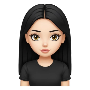 a pretty bratz girl with straight black hair wearing a black tshirt, eyeliner sticker
