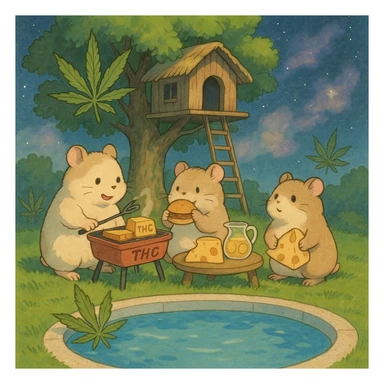 Discord server icon, square format, summer pool cookout scene with up to 3 hamsters, weed leaves, cheese, and THC theme, near a treehouse, possibly in space, ghibli style, soft dreamy colors, nostalgic, fun, inviting, summer party vibe, clear composition, less vibrant colors sticker