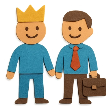 paper craft style two paper cutout figures, one with a crown representing leader, one with a briefcase representing manager, both smiling sticker