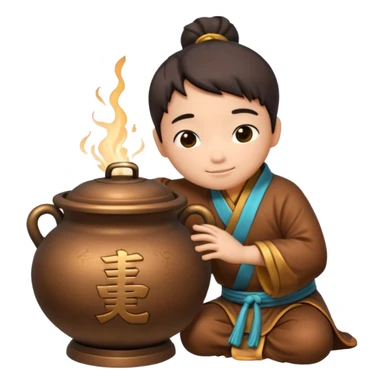a cartoon figure hugging a 鼎 ancient Chinese cauldron character sticker