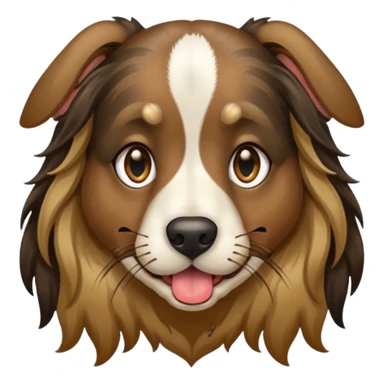 dog face with long black+brown brindle coat and bridge of nose. ears stand up w/ tips folded down. make eyes light brown-ish gold. widen tongue and add dark splotch. keep mane long.  sticker
