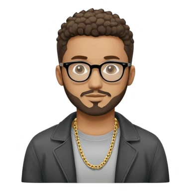 Hombre latino piel marron claro, cara estirada ovalada, gafas redondas oscuras, barba corta, pelo muy corto fade a los lados medio risado. Sonrisa leve, expresión tranquila. Camiseta gris, jacket negro abierto, collar G dorado sticker