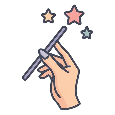 Elegant female hand with almond-shaped nails holding a magic wand upwards, stars flying out of the wand, Chinese Eastern style, thin clean contours, soft rounded shapes, pastel palette #98B5BC, #B5B3C1, #C9A3C9, #E4C0CA, #F7DCD1, #F7C0AA, detailed shadows and highlights, soft lighting, transparent background, no decorative elements. sticker