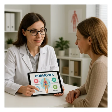 woman consulting an endocrinologist, both looking at hormone chart on tablet, supportive and professional atmosphere, realistic details, medical office background sticker