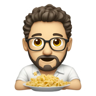 A light-skinned, nerdy man with dark hair and a beard eating pasta With a white shirt sticker