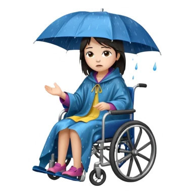 Girl with dark hair  in a wheelchair with rain poncho sad with rain storm  sticker