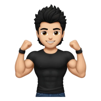 a pretty bratz guy with black hair with big muscles and shaggy hair in a tight black tee smiling sticker