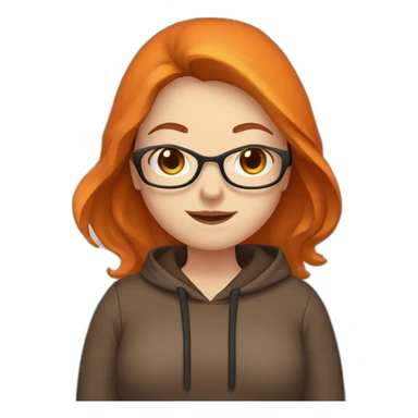 chubby woman with pale skin, with glasses, with long brown hair, wearing a dark orange hoodie, waving sticker