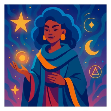 legendary mentor, young powerful and wise woman with inspiring aura, mystical environment, vibrant illustration style sticker