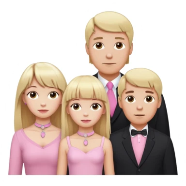 a family of three. daughter, mom and dad. long elegant blonde hair with bangs. almost female blonde boy femboy trap t-girl cute feminine makeup gay lingerie. skinny  body.   pink choker. whore hoop earrings. sticker