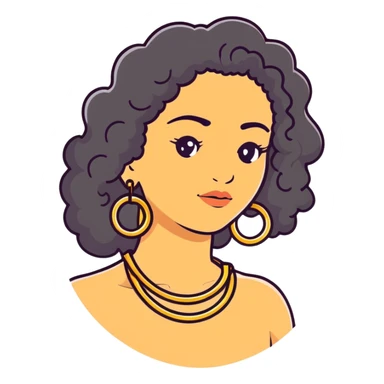 attractive Greek woman with long curly hair and light skin wearing gold hoop earrings and a gold necklace sticker