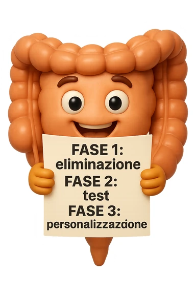 emoji stile iphone 3d di un intestino che tiene in mano un foglio con la scritta "FASE 1: eliminazione, FASE 2: test, FASE 3: personalizzazione, IPERREALISTICO 4K sticker