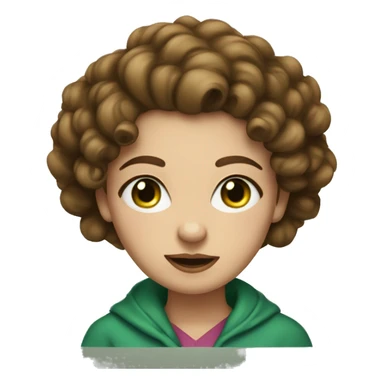 Woman with brown curly hair pinned up with a hairpin, blue eyes, green hoode sticker