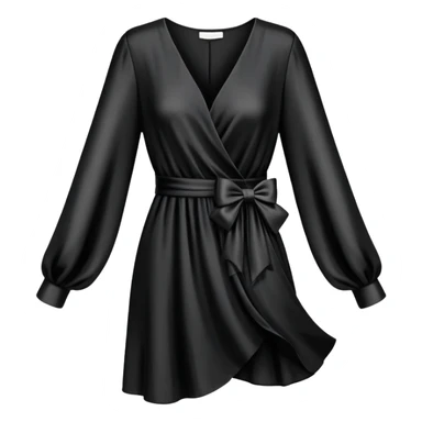 black silk v-neck wrap dress with a bow and long sleeves, isolated sticker