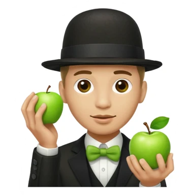 homme en costume chapeu melon aven avec une pomme verte dqui cache son visage  sticker