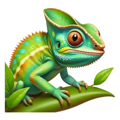 cinematic cute-smiling baby chameleon-realistic emoji,-blending-with-vibrant-greenery.-detailed-scales-in-shifting-colors,-showing-the-chameleon’s-ability-to-camouflage.-soft-natural-light-highlights-its-texture.-light-background, zoomed into its face sticker
