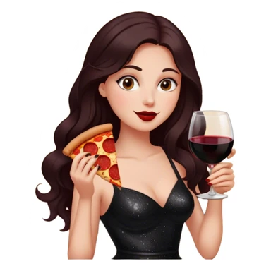Beautiful woman in 1950’s woman fashion look, black shimmery dress, long dark brown hair, red wine, Pepperoni pizza sticker