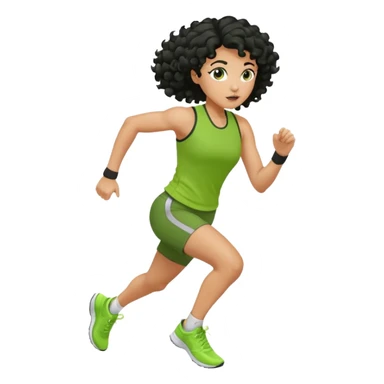 a woman with olive skin tone and curly black hair wearing green and running fast sticker