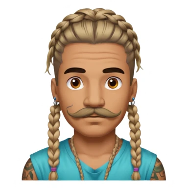 big lose braids starting from the top sides of the head man with mustache face wiith big visible loose only two braids and lots and lots of colored face tattoos colored tattoos like a tattoo artist hair unique color sticker