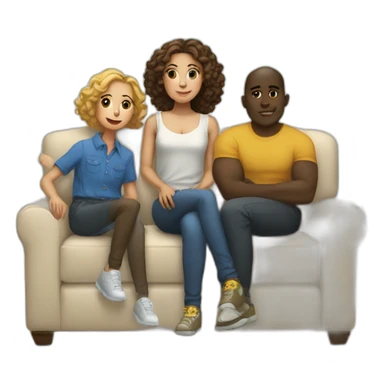 a light-skinned girl sits on a sofa and five dark-skinned guys stand behind sticker