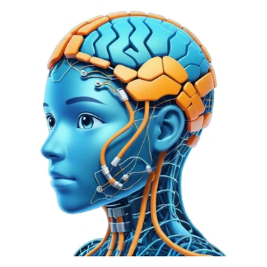 neural network nodes connecting to a digital avatar head, futuristic and vibrant, innovation and AI sticker