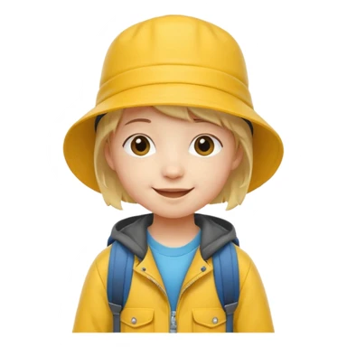 Little student wears yellow bucket hat and jacket, backpack, happy sticker