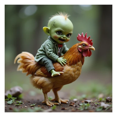 a realistic green baby zombie riding a chicken, photorealistic style sticker