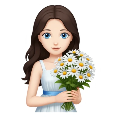 A lady stand with dark brown long hair and blue eyes, wearing a white dress, holds a bouquet of daisies.  sticker