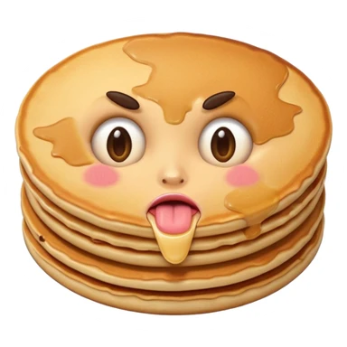 Emoji face with eyebrows raised and tongue out with a shocked expression in front of pancakes sticker