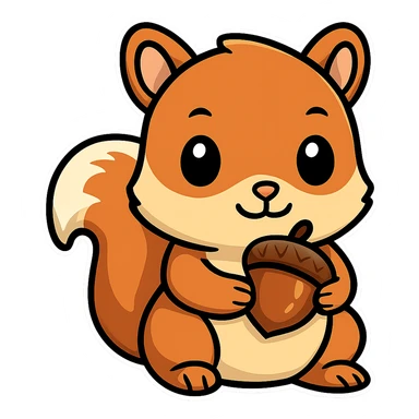 A baby squirrel holding an acorn in sticker style with transparent background. Please maintain the cartoonish sticker style look. sticker