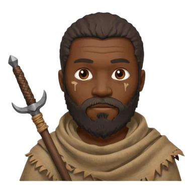 African ancient man, tattered cloth with raw stick weapon, beard and bold sticker