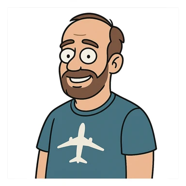 aviation geek short-bearded man, brown hair, slightly balding, close trimmed beard, flat toon style sticker
