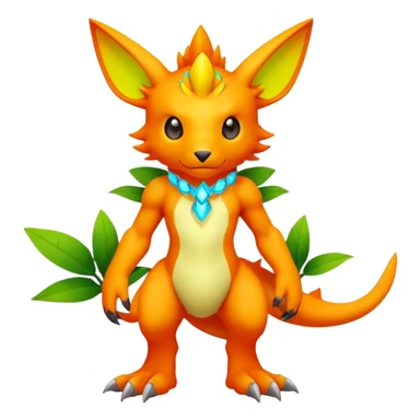 exotic lush warm-colored neon-colored Digimon-Fionbri-creature (full body) sticker