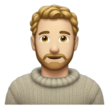 White man with a short beard and tied up shoulder length hair, wearing a necked wool sweater sticker