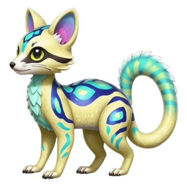 Rare realistic neon-colored iridescent shiny warm-colored lush tropical exotic cute epic pretty beautiful handsome gorgeous aesthetic colorful vibrant Vernid-Protogen-Primagen-Wickerbeast-Genet-Trico-species-Fakemon-hybrid-creature by LiLaiRa, beautiful intricate markings, full body sticker