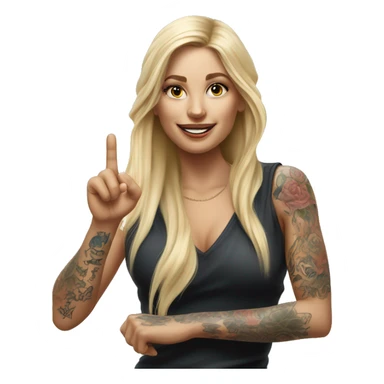 Blonde elegant women with LONG HAIR, her Body Covered with Tattoos, POINTING YOU FORWARD with her HAND with INDEX FINGER, Hyper realistic sticker