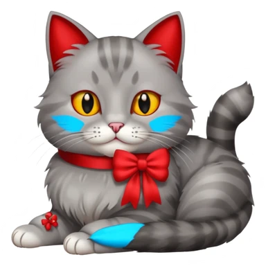 A fluffy grey cat is lying down with a red bow on its neck. sticker