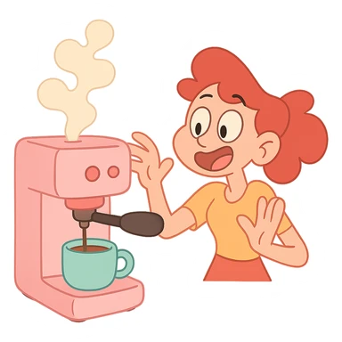 pastel pink coffee machine, calArts 2010s cartoon style, whimsical, with steam sticker