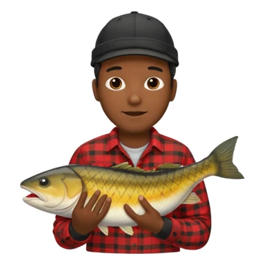 Ung man med svart keps röd gul rutig flanellskjorta hållandes stor torsk sticker