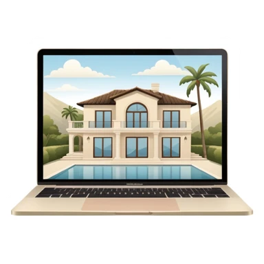 
light beige open macbook sideways with luxury villa on screensaver sticker
