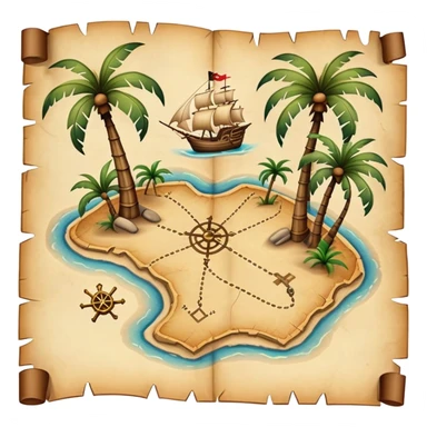 A detailed pirate treasure map with dotted paths, palm trees, and X marks the spot sticker